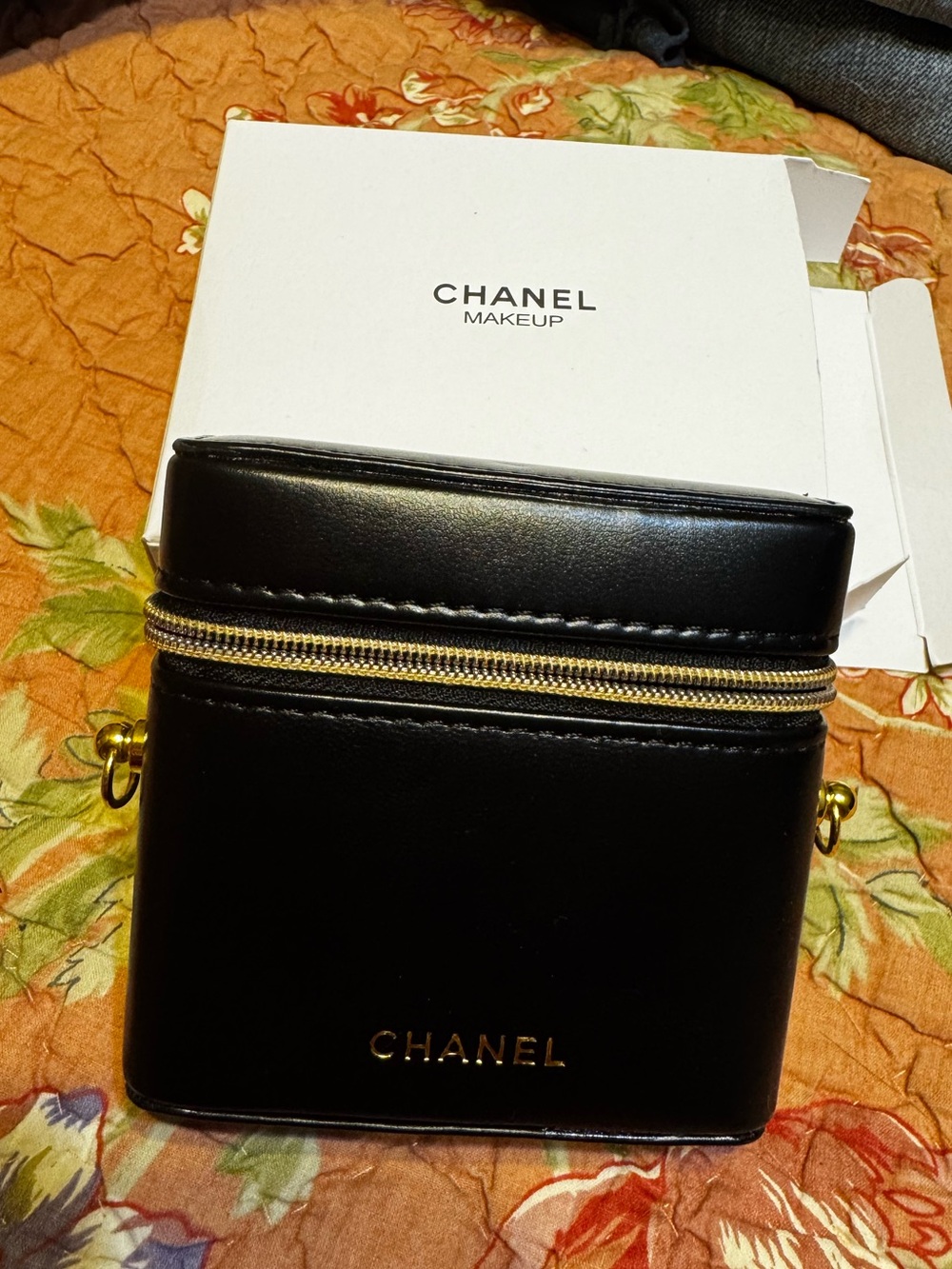 CHANEL Black Leather Zip Travel/lipstick Case with Gold Hardware
